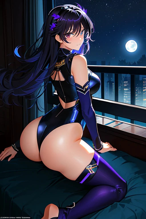 Ravena, sexy titans leotard, blackw, shorth hair, smooth ass, 1 , sexly, Raven Titans s. high qualiy, showing ass, ultra detalhada, Moon Night, on a balcony, ((no coverage)), lying on a bed, Robin in classic uniform, enter the room, Raven is facing the camera