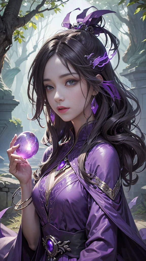 Whispering Shadow: Cloaked in shadows, her figure only partially visible. Eyes glowing bright with mysterious knowledge, purple magic Powers, using magical stone and tendrils of shadows extend like extensions of her form. The air around her seems to ripple with subtle whispers, bingnvwang, Land Of fantasy