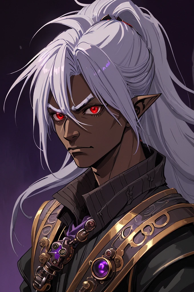((best quality)), ((masterpiece)), (detailed), ((boy)), ((mix between dungeonpunk and steampunk)), (serious), dark skinned, human, upper body, portrait, red eyes, long white hair, Xemnas from Kingdom Hearts, half-drow, pointy ears, serious face, dramatic lighting, purple hue, art by Kinema Citrus and Tetsuya Nomura