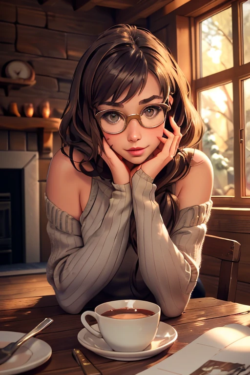 1girl, young, cute, cozy oversized grey sweater, slender frame, shoulder length messy brown hair, big round glasses, hazel eyes, happy, rustic wooden floor, fireplace, natural light, warm lighting, photorealistic, 8k, detailed, intricate, vibrant colors, soft focus, elegant, serene, cozy atmosphere, peaceful, comfortable, inviting, cinematic