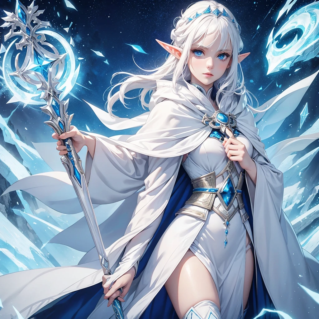 A female elf with white hair, blue eyes, beauty face, white skin. Wearing grand and elegant cloak, holding ancient wand. It has icy gaze.