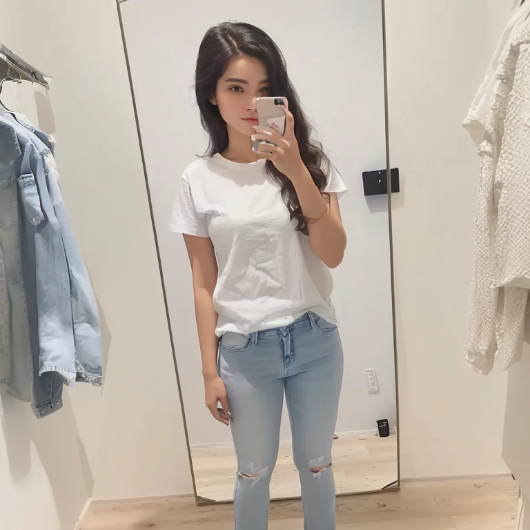 araffed woman taking a selfie in a mirror in a room, jeans and t shirt, dressed in a white t shirt, jeans, white shirt and jeans, wearing jeans, outfit photo, white shirt and blue jeans, in white clothes, kawaii shirt and jeans, wearing casual clothes, dressed in a white t-shirt, casual clothes, peeing her jeans, urine stream from her jeans, pee stream from her jeans.