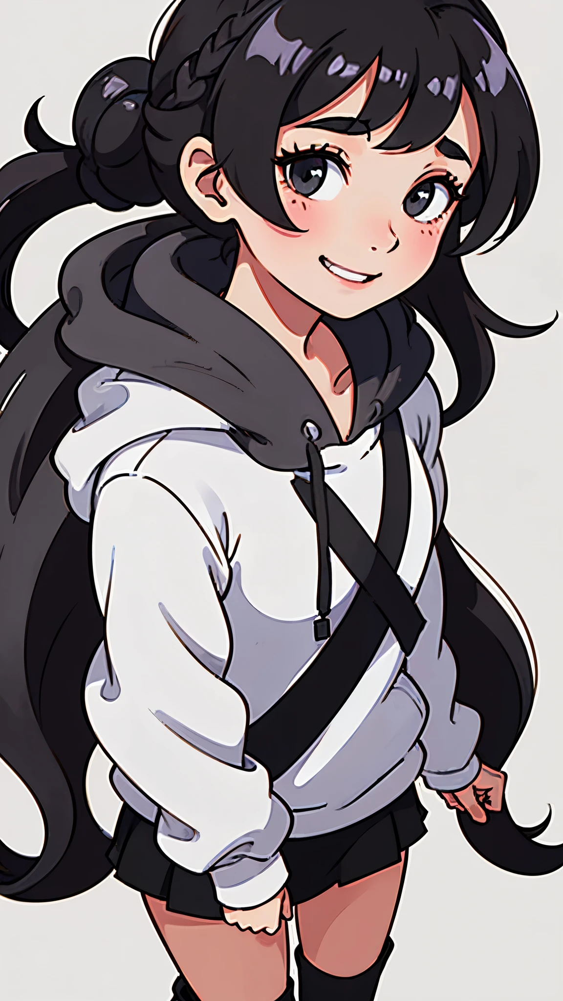 cute girl with long black hair in a bun wearing an oversized grey hoodie smiling shyly. White background. fullbody. no clipping. 