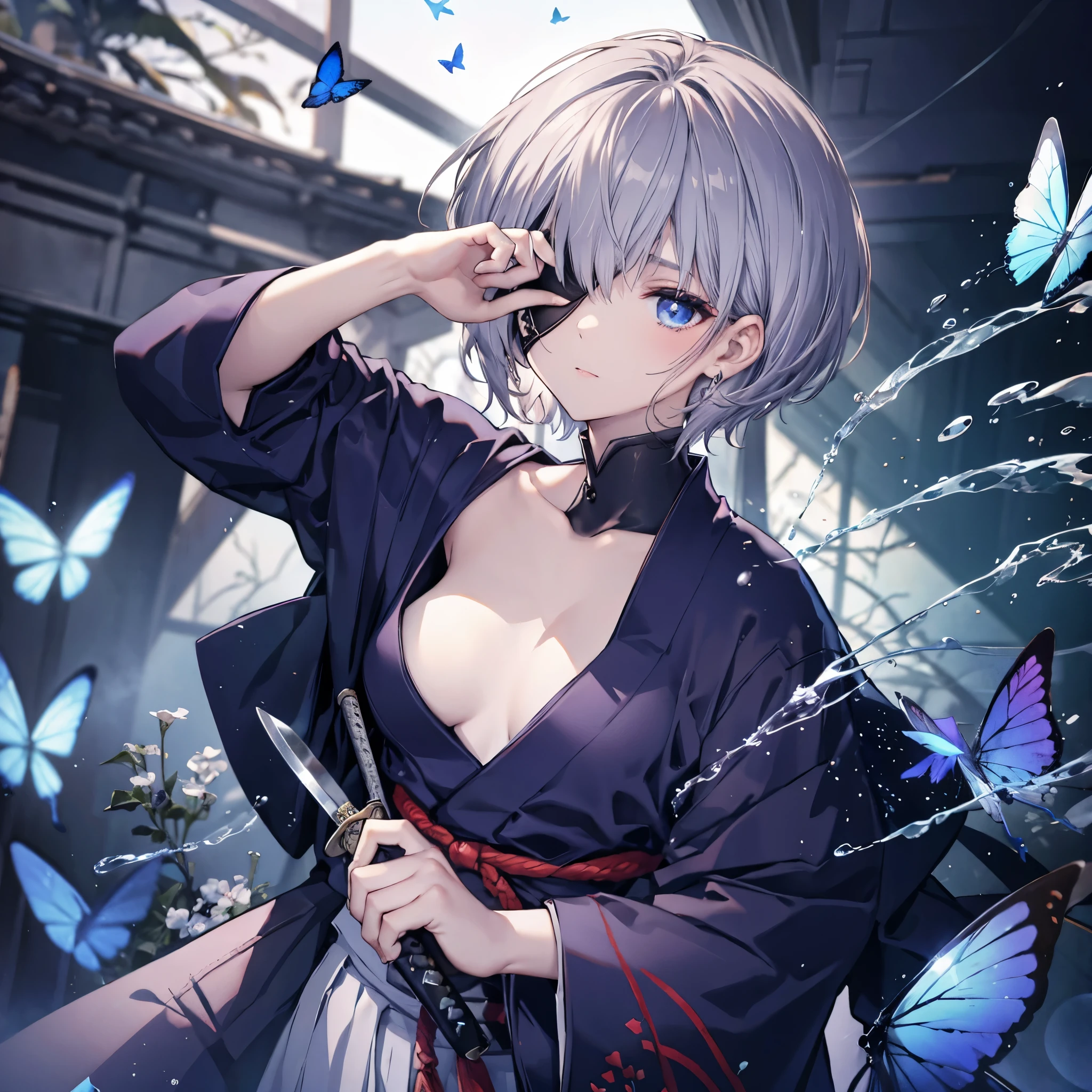 (((1 person　Put on an eye patch　Gray Hair)))　((High resolution　short hair　Black kimono　Red point　Shoulder　Rin々Funny face　knifeを構える))　((Black Band　samurai　Lonely　despair　blue eyes　Close-up))　((Blue Butterfly　night　Japanese style　old　Shining Aura　garden　water surface　Catch the wind))　(dance　日本knife　knife　Slashing)　月night　moonlight　star　Draw your sword　Shining Background　Shining Edge