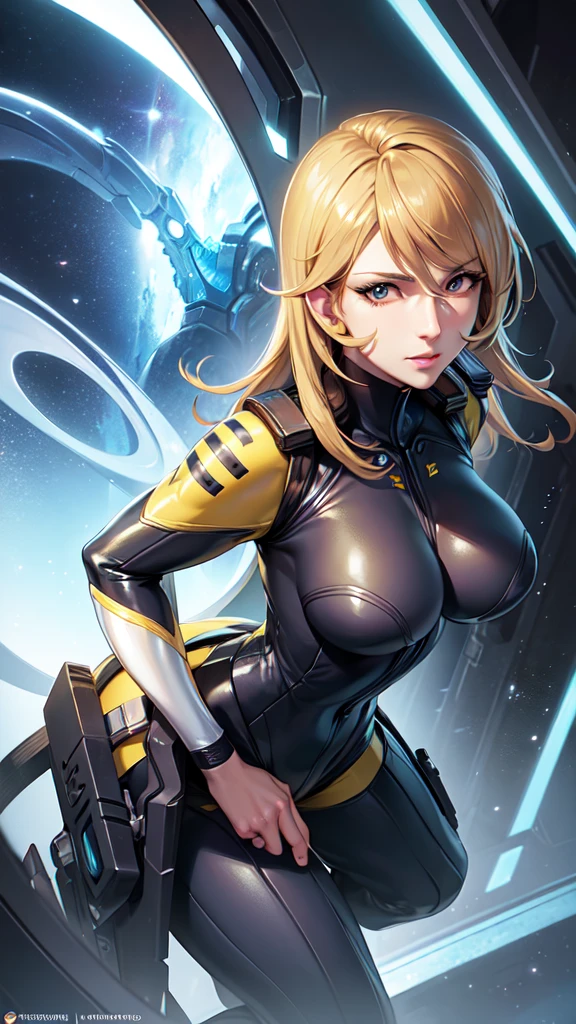 Mature Woman, Woman in a futuristic suit, highly Detailed face, nice, mother, Very large breasts, (Mature Woman), Mature Face, (Mature Woman), Cyber Suit, Anime girl in tight suit, Milfication, Elegant body, Focus on the navel, nude, gloves, Earrings, SF, Female protagonist, Volumetric Light, Detailed lighting, Detailed Texture, BoobsCyberpunk, Biomechanical , masterpiece, (Top quality eyes), Detailed face, sci-fi background, Futuristic landscape, (((Yellow bodysuit))), (Chuby), (((high quality face))), (((high resolution face)))