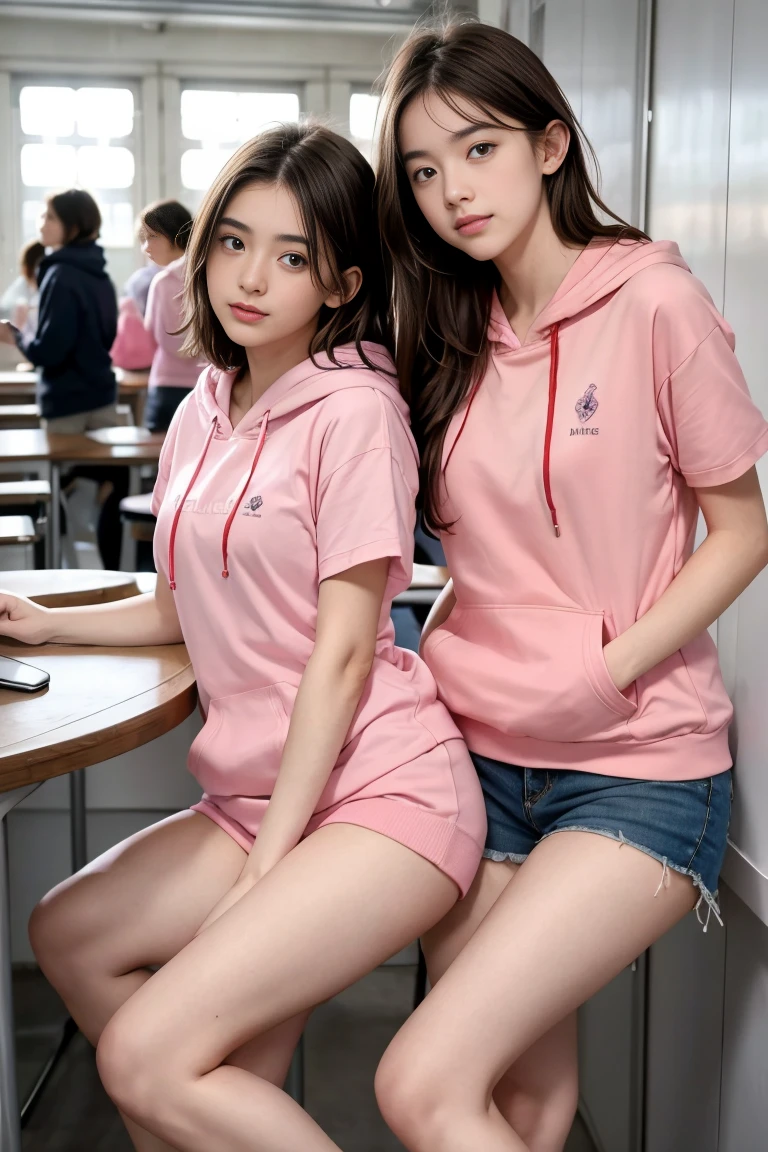 deux femmes ensemble de 18 ans sexy et mince , pink short sleeve hoodie , jambe visible , se touche,salle de classe,position sensuel