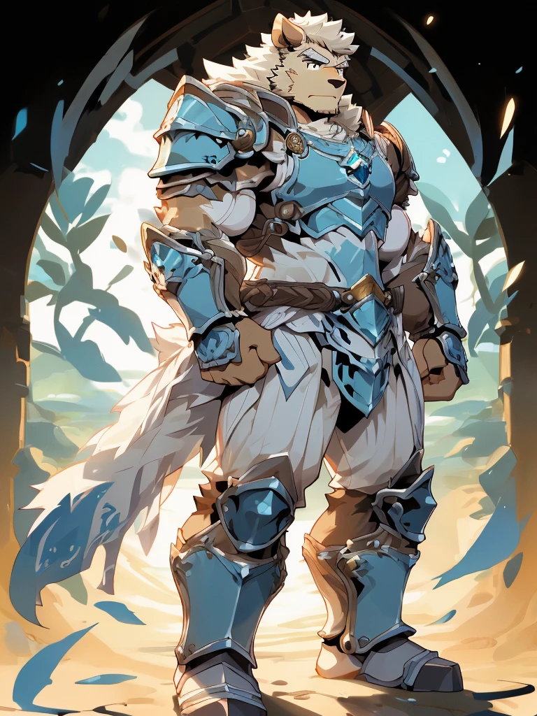 a furry sheep, white fur, shoulder long hair, slim fit, fit build, paladin, ((white sheep), ((blue paladin armor)), full body, ikemen, handsome, mature, muscular, silky hair, detailed full body, commission for high res, tall,