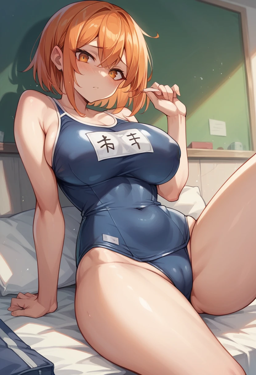 masterpiece、Highest quality、Best image quality、High resolution、Big Breasts、Black school swimsuit、Muji school swimsuit、Orange Hair、Shortcuts、Orange Eyes