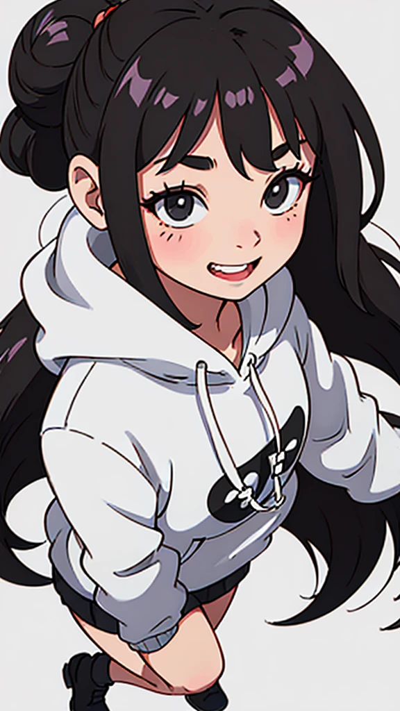 cute girl with long black hair in a bun wearing an oversized grey hoodie smiling shyly. White background. fullbody. no clipping. 