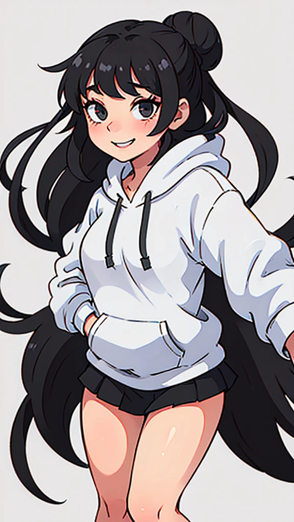 cute girl with long black hair in a bun wearing an oversized grey hoodie smiling shyly. White background. fullbody. no clipping.