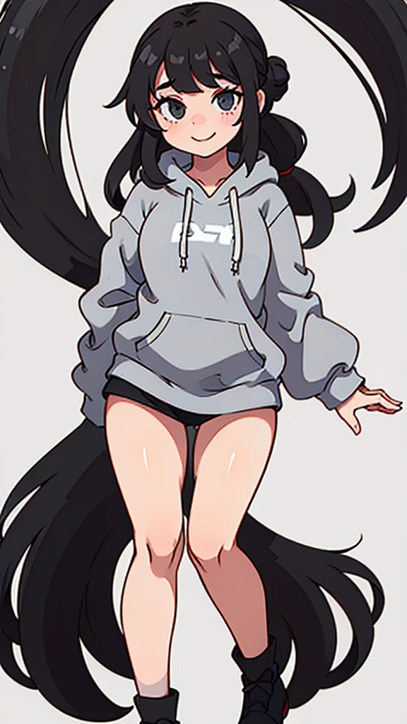 cute girl with long black hair in a bun wearing an oversized grey hoodie smiling shyly. White background. fullbody. no clipping. 