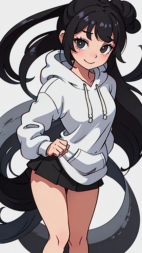 cute girl with long black hair in a bun wearing an oversized grey hoodie smiling shyly. White background. fullbody. no clipping. 