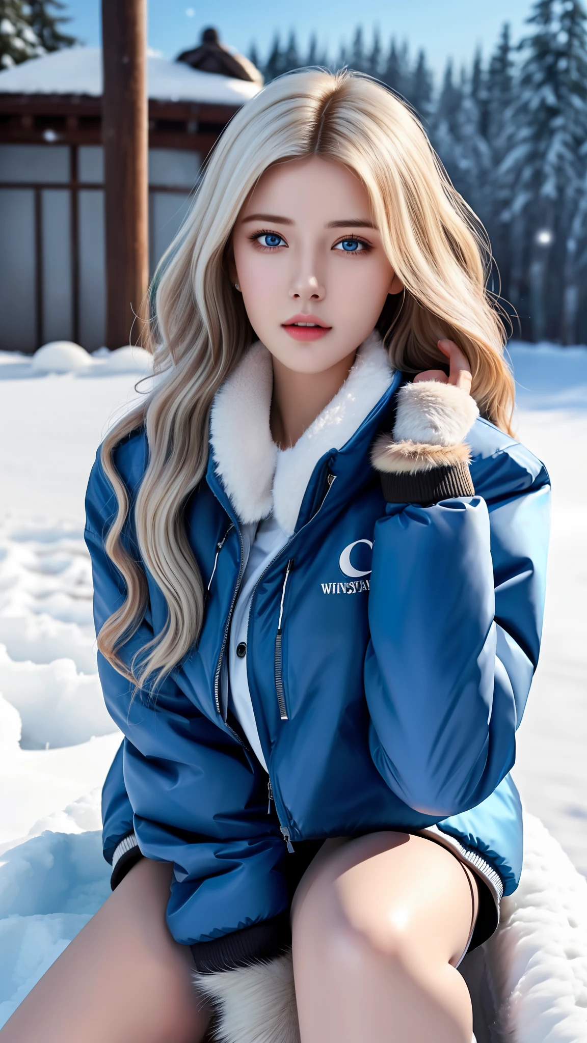 (hyperrealistic), (illustration), (high resolution), (8K), (extremely detailed), (best illustration), (beautiful detailed eyes), (best quality), (ultra-detailed), (masterpiece), (wallpaper), (photorealistic:1.4), (natural light), (rim lighting), (detailed face), high detailed realistic skin texture, anatomically correct, solo, 1 girl, (high detailed realistic long wavy white hair:1.5), (dual ponytail contorted:1.4), heterochromic eyes, (detailed blue eyes), small moles under the eyes, (realistic big breasts:1.5), long legs, tight abs, dynamic pose, (Winter jacket with fur only at the collar:1.3), (upon body from head to thighs:1.4), (Beautiful Cute Pakistani Woman:1.55), standing alone, outdoor, snowing, winter,