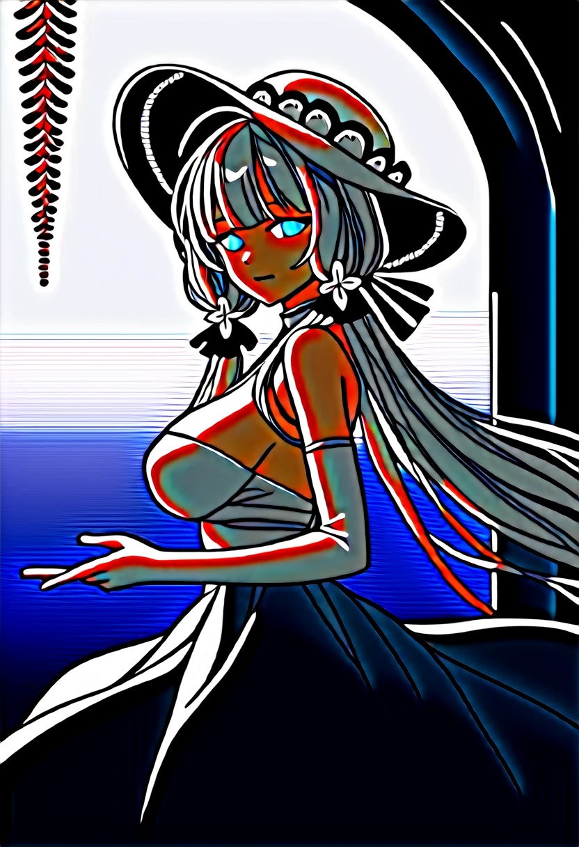 score_9,score_8_up,score_7_up,source_anime,cowboy shot,masterpiece,best quality,details background,extremely detailed,1girl,illustrious(azur lane),long hair,white hair,hair ornament,hair ribbon,blue eyes,mole,mole under eye,white dress,white gloves,elbow gloves,hat,ribbon,white headwear,huge brests,(curvy),((Wisteria)),((Flowing Water))