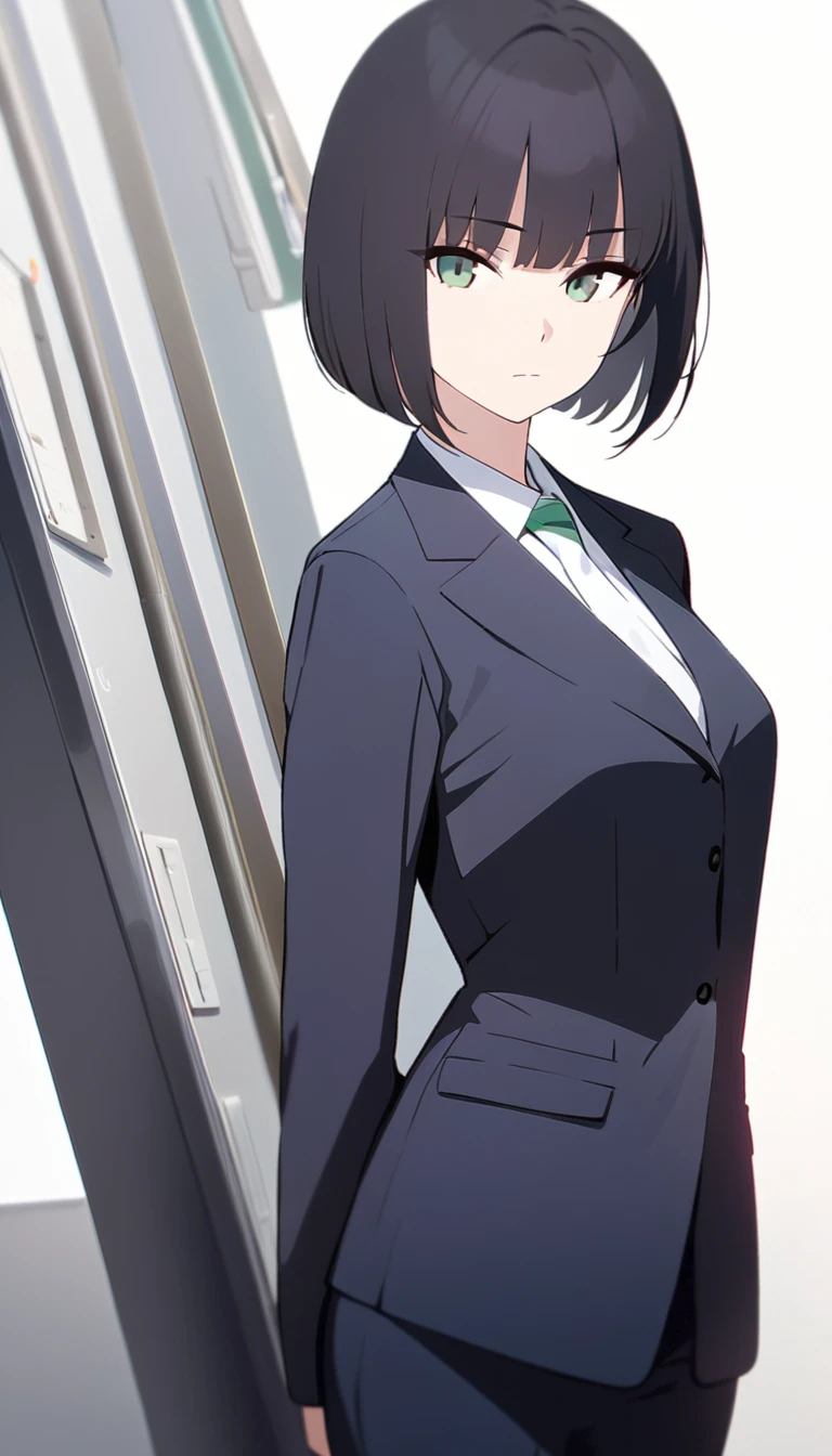 (masterpiece, high quality, best quality, highres,) One Woman, young, black hair, bob cut, Green Eyes, Athletic build, expressionless, closed mouth, office staff suit, Simple white background, standing, cowboy shot, (from the front)