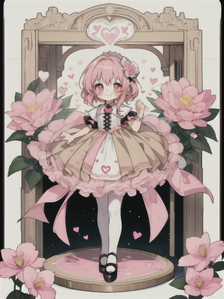Chibi Chibi character,prins, boy,pink hair,beige medium hair and pink shadow,large shining pink eyes,laces,flowers,hearts,cute smile,standing on the stand,high quality, ultra detail,Chibi full body,full of length,standing stand,white background,super wide shot,super long shot