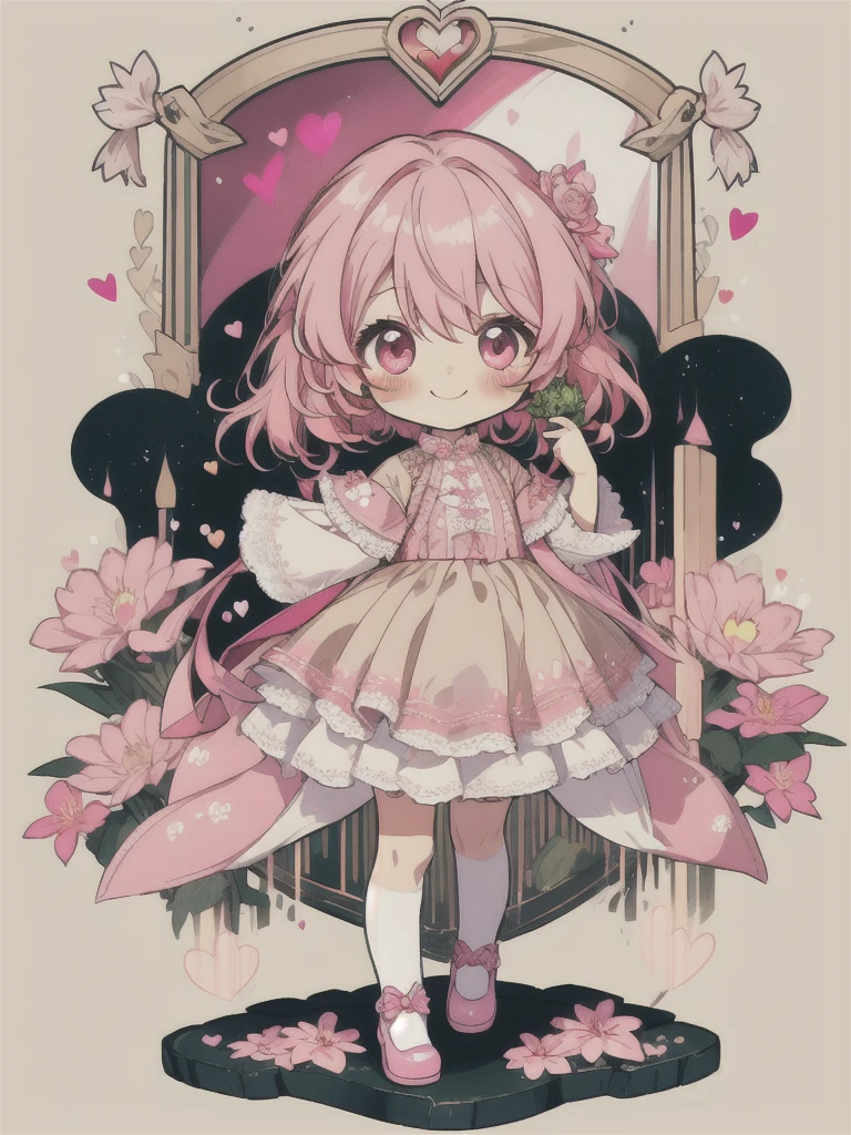 Chibi Chibi character,prins,Little cute boy,pink hair,beige medium hair and pink shadow,large shining pink eyes,laces,flowers,hearts,cute smile,standing on the stand,high quality, ultra detail,Chibi full body,full of length,standing stand,white background,super wide shot,super long shot
