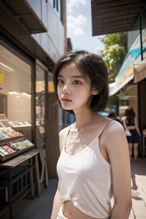 super high quality, Fashion Model, smile, Slenderのネックレス, Slender, The staff is working at the counter in the back., (8k、RAW Photos、Highest quality、masterpiece:1.2), Fashion magazine photoshoot, (Realistic、Photorealistic:1.37), Beautiful Face , Golden Ratio, Raw photo, Light Brown Hair, Small breasts, Blurred Background, Famous actress, Summer clothes, Beauty, Cafe Terrace, Open Cafe, Photographed inside the cafe, Hair blowing in the wind, Neat clothes, Very Short Hair, 18-year-old, Cool older sister,