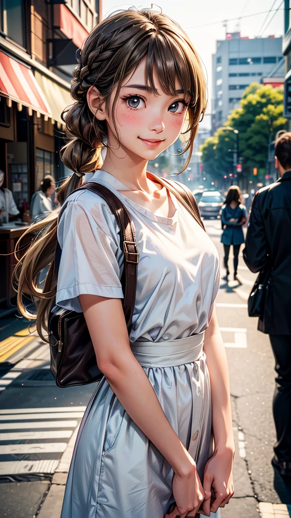 1 female,perfect 20 year old,smile:1.3,(Brown eyes),((8k,masterpiece,Perfect Anatomy)),Cowboy Shot,(Beautiful and exquisite face and eyes,gorgeous eyes:1.3), break ,Brown eyes, break ,Blonde:1.3,bangs, break ,smile,blush,Small breasts、break ,Are standing,on the road,Omotesando、Tokyo、((Background blur)),((白いワンピース))、french braid,Street Snap、