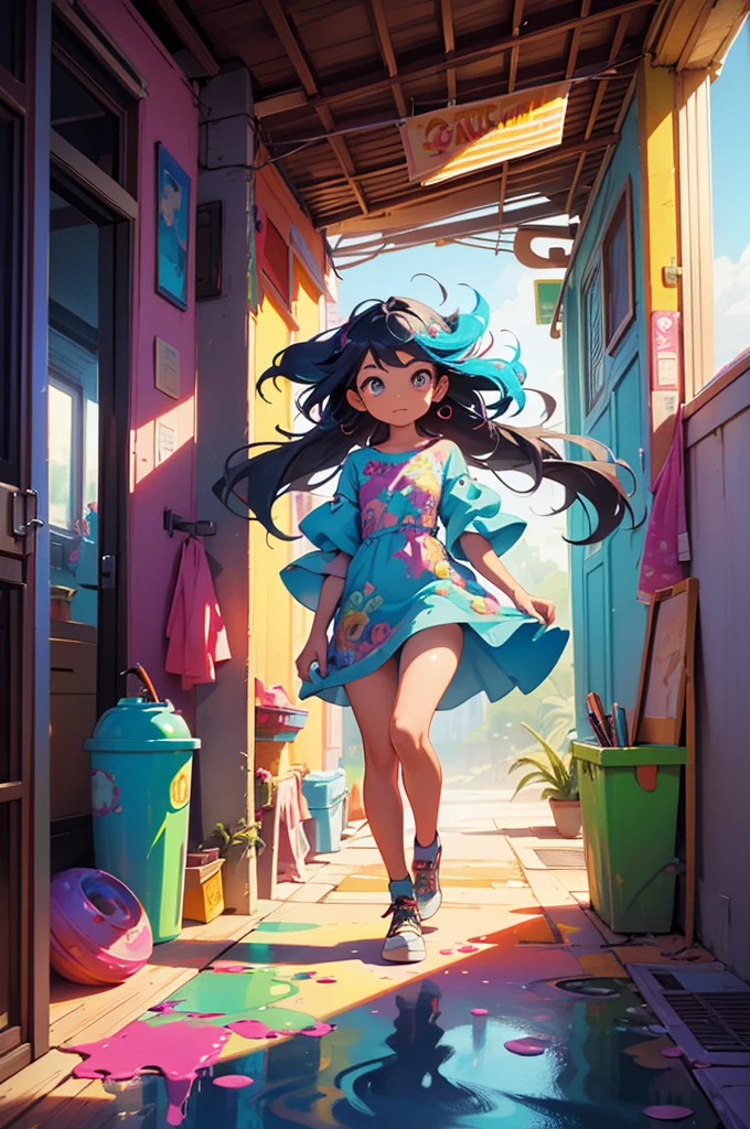 surrealism, manipulation photo, high detailed, digital art, indonesian beautiful girl , all her skin and hair made of a colorful inks , covered in colorful inks , infused by a colorful inks , flowing cloroful dress, made of of cloroful inks, walking on hallway of futuristic building , dynamic action