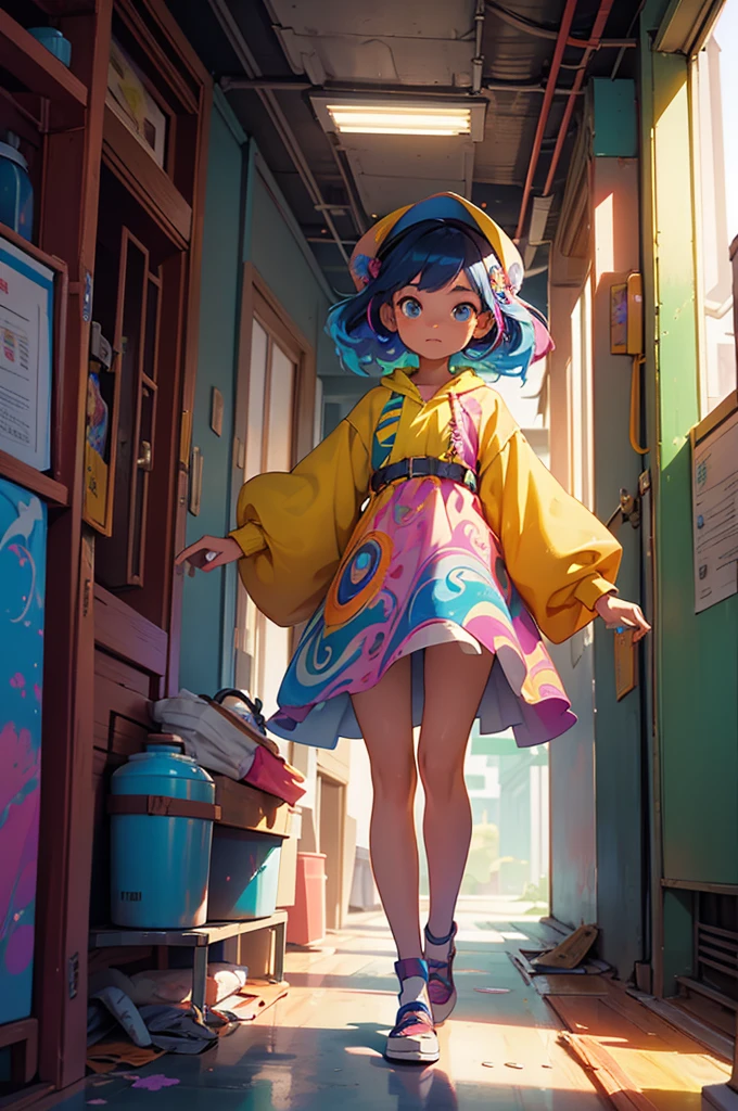 surrealism, manipulation photo, high detailed, digital art, indonesian beautiful girl , all her skin and hair made of a colorful inks , covered in colorful inks , infused by a colorful inks , flowing cloroful dress, made of of cloroful inks, walking on hallway of futuristic building , dynamic action