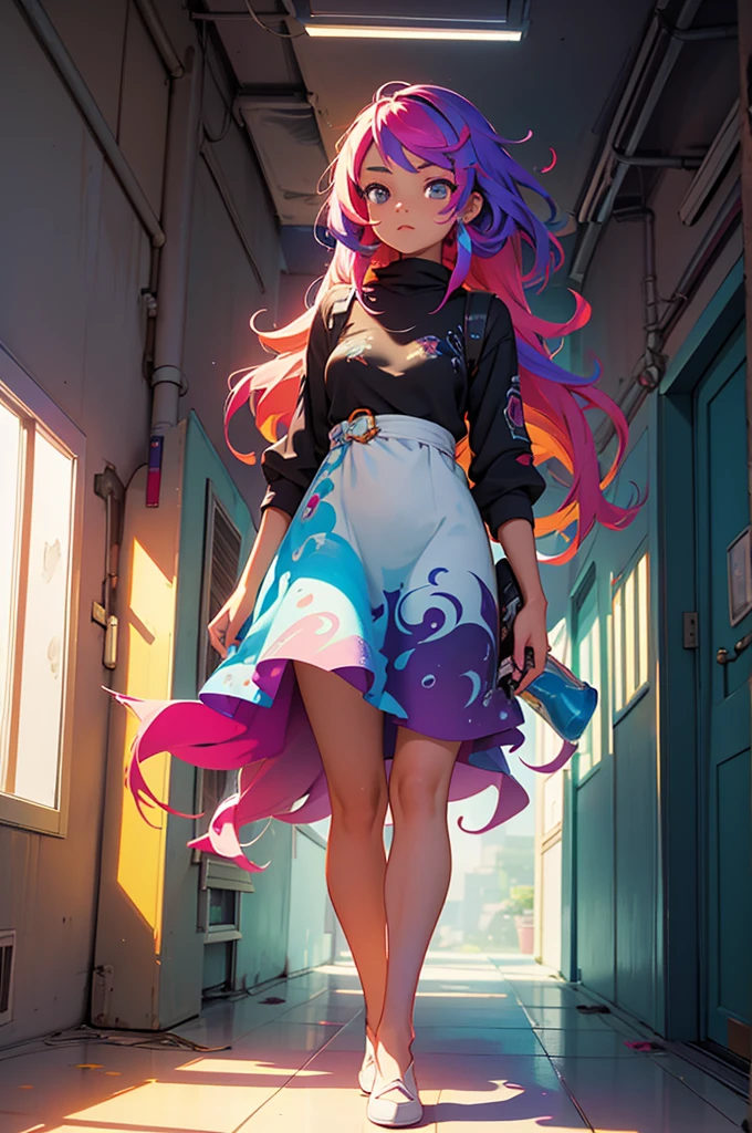 surrealism, manipulation photo, high detailed, digital art, indonesian beautiful girl , all her skin and hair made of a colorful inks , covered in colorful inks , infused by a colorful inks , flowing cloroful dress, made of of cloroful inks, walking on hallway of futuristic building , dynamic action