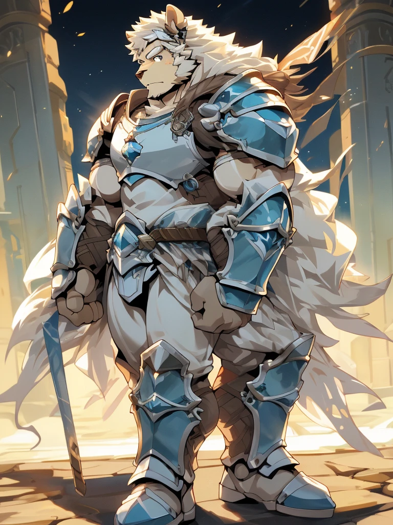 a furry sheep, white fur, shoulder long hair, slim fit, fit build, paladin, ((white sheep), ((blue paladin armor)), full body, ikemen, handsome, mature, muscular, silky hair, detailed full body, commission for high res, tall,