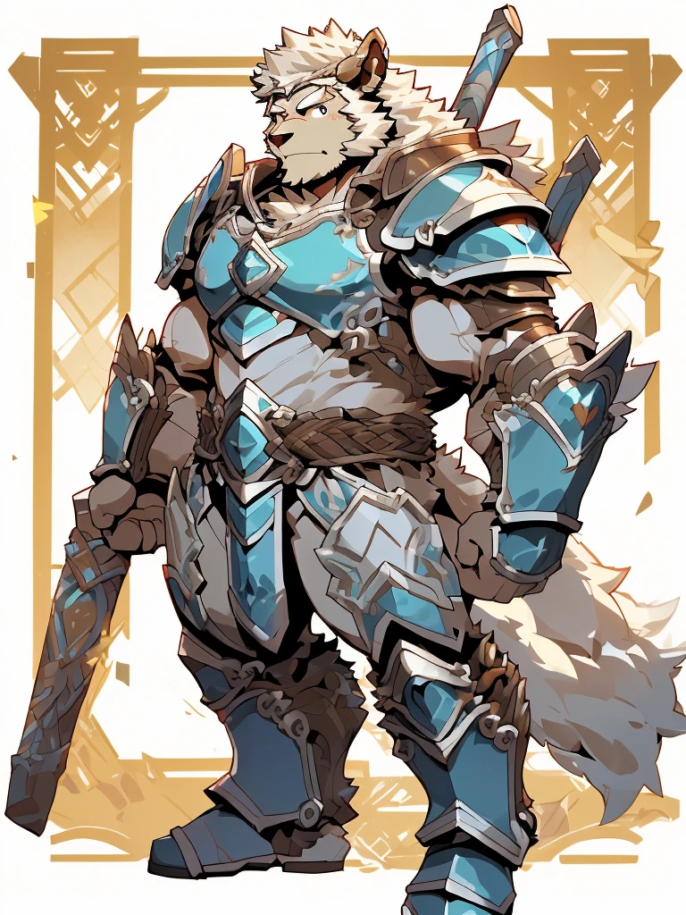 a furry sheep, white fur, shoulder long hair, slim fit, fit build, paladin, ((white sheep), ((blue paladin armor)), full body, ikemen, handsome, mature, muscular, silky hair, detailed full body, commission for high res, tall,