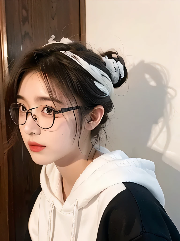 21yo old, glasses, (updo hair), white hoodie