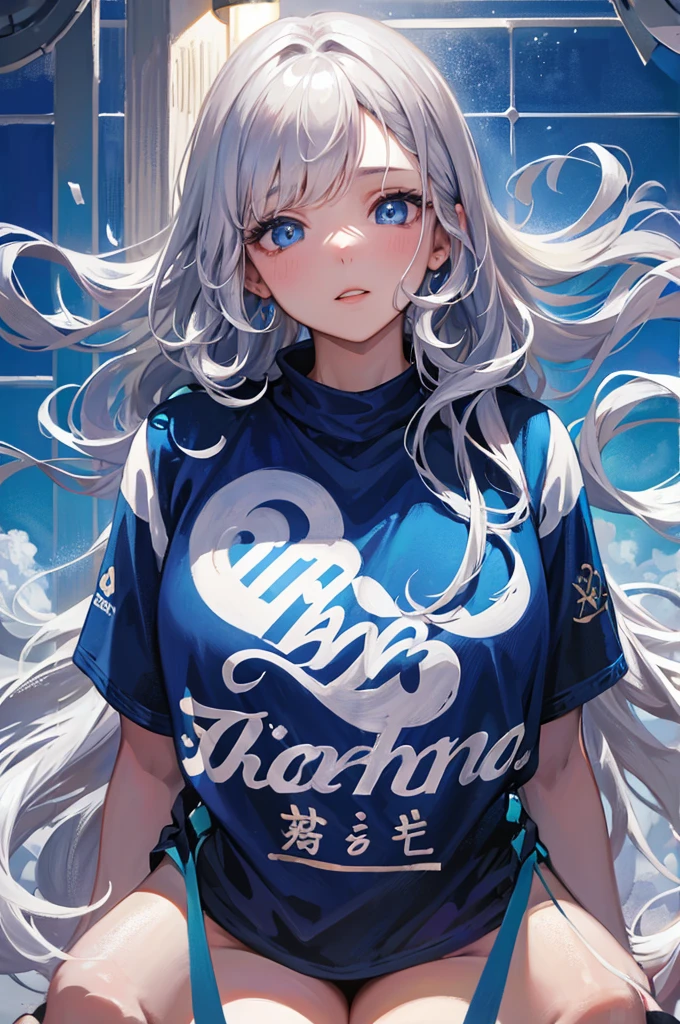 Wavy Hair、8K, Highest quality, masterpiece, Ultra-detailed、Silver Hair、Bob Hair、full lips、Blue Eyes、18Year-old beauty、Portrait、intersection、T-Shirts、