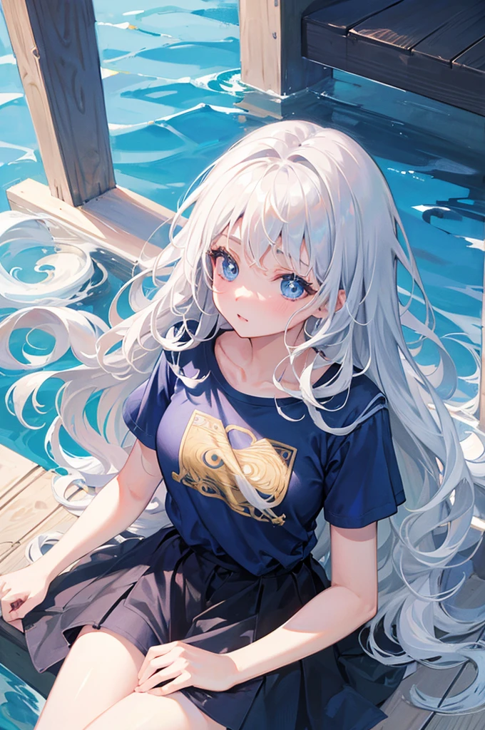 Wavy Hair、8K, Highest quality, masterpiece, Ultra-detailed、Silver Hair、Bob Hair、full lips、Blue Eyes、18Year-old beauty、Portrait、intersection、T-Shirts、