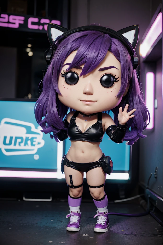 cartoon character in funko pop style with purple hair,anime and cyberpunk style