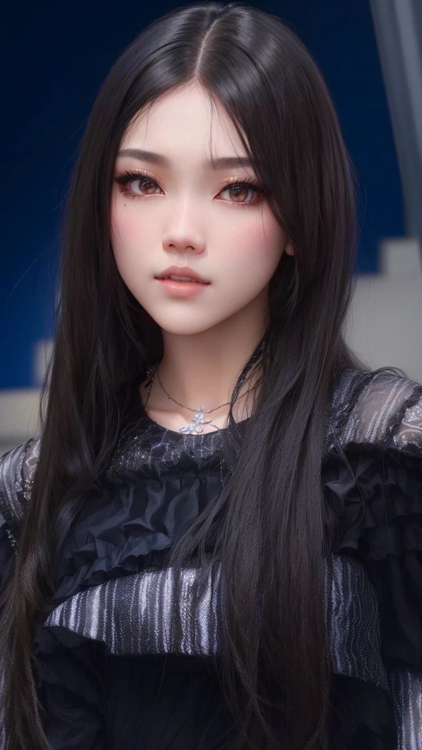 a close up of a woman with long hair wearing a black dress, jaeyeon nam, sui ishida with black hair, jossi of blackpink, with long hair and piercing eyes, portrait of jossi of blackpink, 19-year-old girl, junko enoshima, kimi takemura, chiho, shikamimi, korean girl