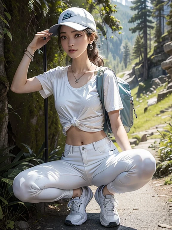 Carrying a large yellow waterproof hiking backpack, with a Polaroid camera in the left hand and a hiking pole in the right hand. Wearing a white hiking hat, a white tight-fitting T-shirt tied in a knot at the hem to reveal a toned midriff with defined abs, and white tight-fitting pants paired with white NIKE AIR FORCE athletic shoes. Adorned with a necklace, earrings, bracelets, and various bohemian (hippie) style hiking accessories, including a small waist bag and a water bottle. A happy full-body photo while hiking, with a background of a deep mountain wilderness trail!