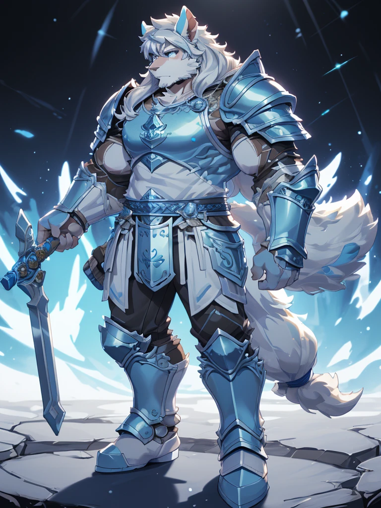 a furry sheep, white fur, shoulder long hair, slim fit, fit build, paladin, ((white sheep), ((blue paladin armor)), full body, ikemen, handsome, mature, muscular, silky hair, detailed full body, commission for high res, tall,