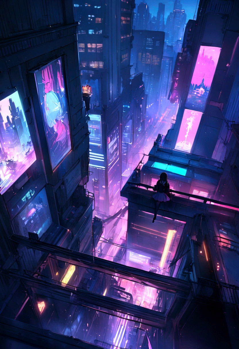 Skyscraper rooftop lunch meal cyberpunk night view neon lights big city best quality masterpiece ultra high definition