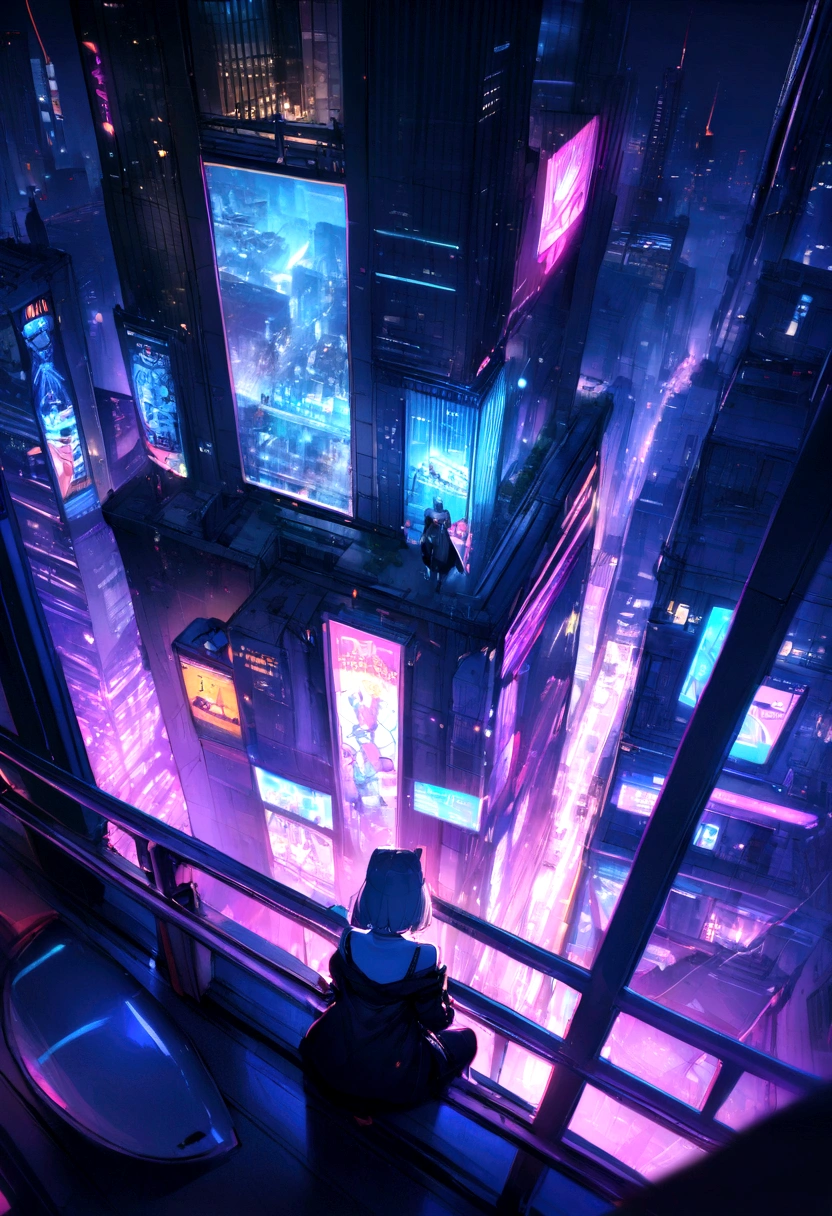 Skyscraper rooftop lunch meal cyberpunk night view neon lights big city best quality masterpiece ultra high definition