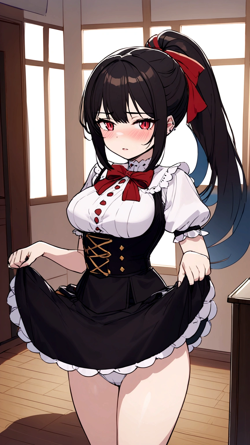 adult, wavy black hair, piercing look with deep red eyes, average stature, Silky hair with a ponytail hairstyle collected with a red bow with two white lines, she has medium breasts, foreground, session, standing in the middle of his room [[[Evil laugh]]] , blushing, big thighs, black skirt, A white blouse, NSFW, white underwear, lifting her skirt to show her panties to the camera, lifting her skirt to show her panties, grabbing the skirt with both hands to lift it up, showing panties, white underwear, up skirt lingerie 