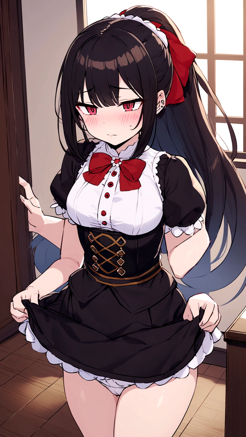 adult, wavy black hair, piercing look with deep red eyes, average stature, Silky hair with a ponytail hairstyle collected with a red bow with two white lines, she has medium breasts, foreground, session, standing in the middle of his room [[[Evil laugh]]] , blushing, big thighs, black skirt, A white blouse, NSFW, white underwear, lifting her skirt to show her panties to the camera, lifting her skirt to show her panties, grabbing the skirt with both hands to lift it up, showing panties, white underwear, up skirt lingerie 