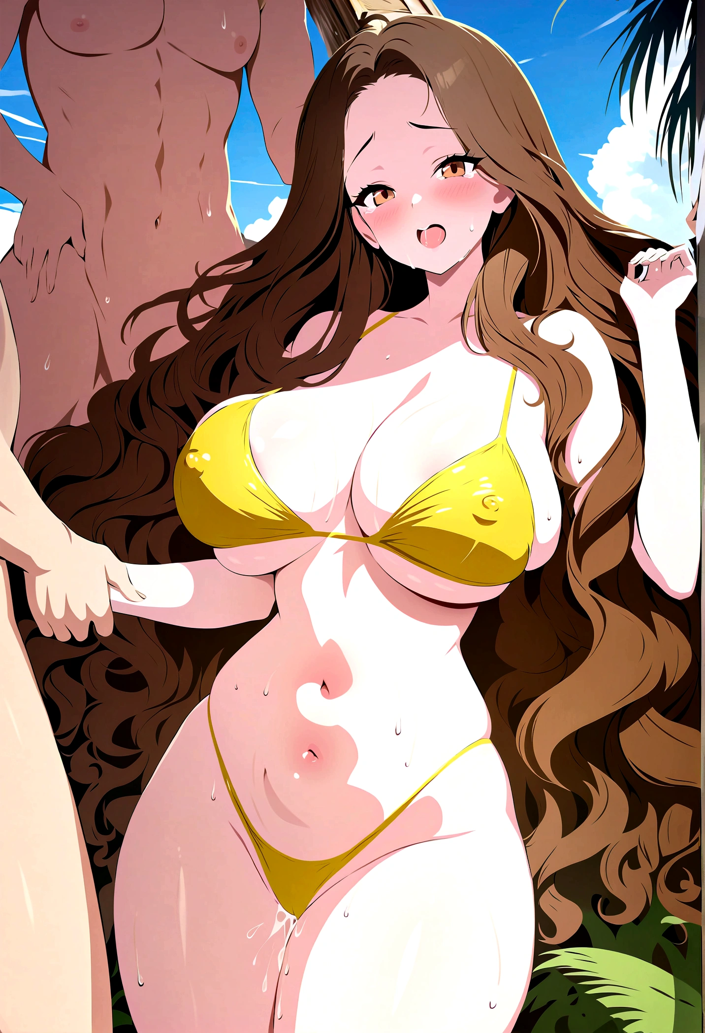 （sex, gangbang）,NSFW,best quality, female, streaming tears, , glamorous, voluptuous, curvy, forehead, long wavy brown hair ,yellow  swimsuit,torn swimsuit,