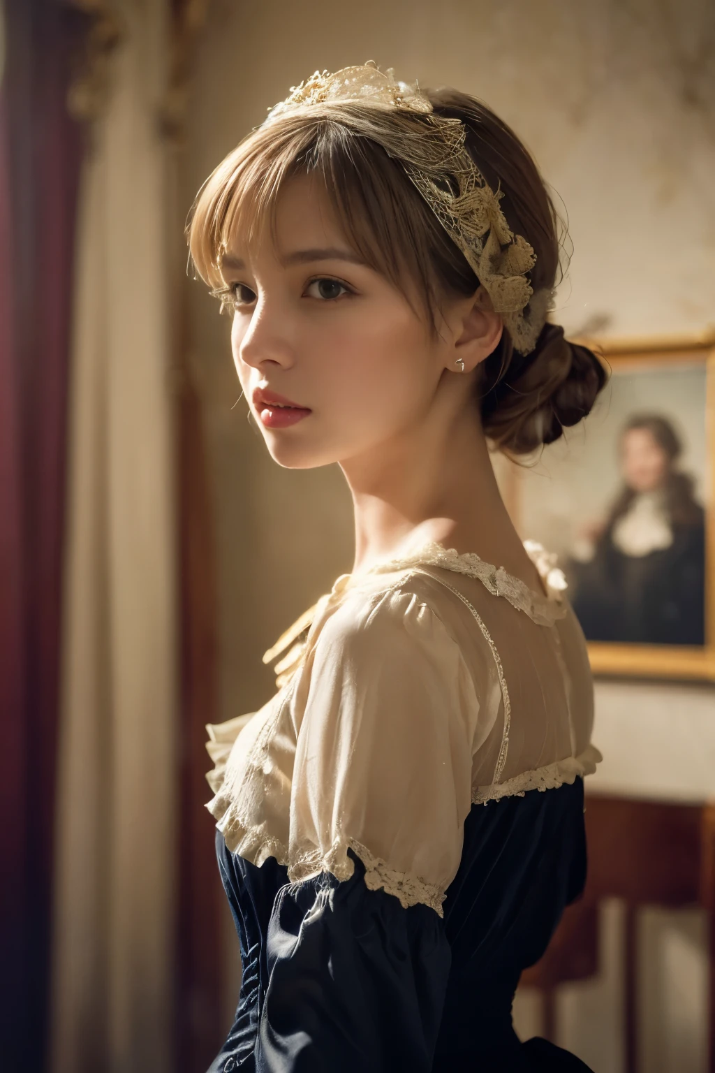 ((masterpiece:1.4, Highest quality)), (Realistic photos:1.4),
((1 girl)), (Otherworldly beauty), (dream-like),
(超High resolution:1.2), Very delicate and beautiful, wonderful, Very detailedな CG Unity 8k 壁紙, Very detailed, High resolution,
Soft Light, Beautiful detailed girl, Very detailedな目と顔, Beautiful and detailed nose, Beautiful and detailed,
(Dressed in 19th century Belgian costume:1.3),
Cinema Lighting, Perfect Anatomy, Slender body, (Parted bangs),
(Vermeer's portrait of a girl:1.5),
Cowboy Shot