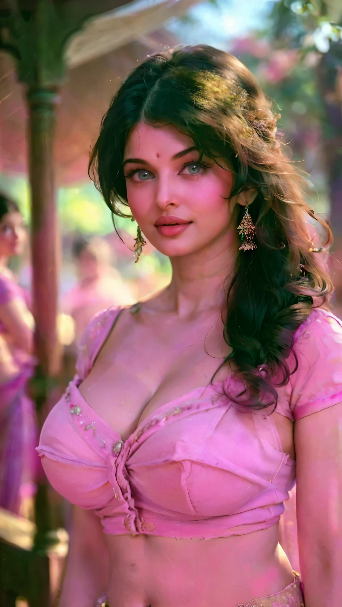 ((Indian milf, indian woman, milf)), (((ultra realistic))) Photo, masterpiece, top quality, (pale skin), (Ultra detailed face and eyes:1.2), 1 girl, Adult, ((in one size too small saree)), strapless saree blouse, ((very heavy eye makeup, pink mascara)), ((fake detailed lips)), ((Pink wavy hair)), ((Stylish hairstyle)) , (({Enormous|Gigantic|Big|Huge|Mega|Fake} pushed-up breasts)), (very slim waist). ((very huge cleavage)), photoshoot, (Soft) Lighting, (The play of light and shadows), depth of field, bokeh, (special attention to skin detail: 1.2), (special attention to enormous breast size: 1.2), (((special attention to extra tight clothing size: 1.2))), Detailed texture, skin pores, oily skin. (Erotic atmosphere of the frame. Color range - purple, Pink, Tons), UDR, ((Film grain)), ((rays)), (Glare), ((upper body body)) , ultra detialed,