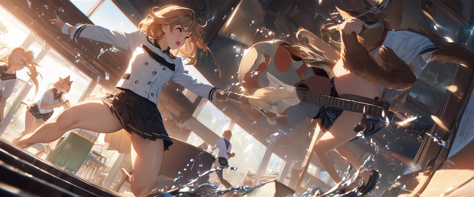 1womanl\(playing guitar on brooms,high school student,intense movements,(Dynamic Action:1.3),long braided hair,hair-color: blackw,high heels,hair floating,hair dancing strong,splashing suor,shining sun,seaman uniform,moccasins,cups,performance de guitarra,shouting out loud,eyes closed tightly\), fund\(behind the school building,the public are cats\),(dynamic angle), break ,品質\(8K,extremely detailed CG unit wallpaper, Masterpiece artwork,high resolution,top-品質,top-品質 real texture skin,hyperrealisti,Increase resolution,RAW Photos,melhor 品質,highy detailed,The wallpaper,cinematic lighting,ray tracing,golden ratio\)