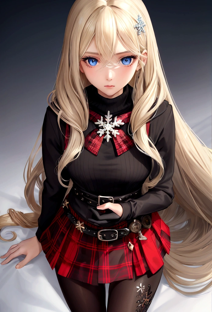 (Artwork), (ultra detailed), (straight, blonde and long hair), (1 girl, teenager), beautiful detailed eyes, delicate and beautiful face, (grayish blue eyes), black turtleneck, a black and red plaid skirt, nylon pantyhose, a red scarf and a belt, cold and postural facial expression, snowflake hair ornament, (illustration), from above, (best quality)