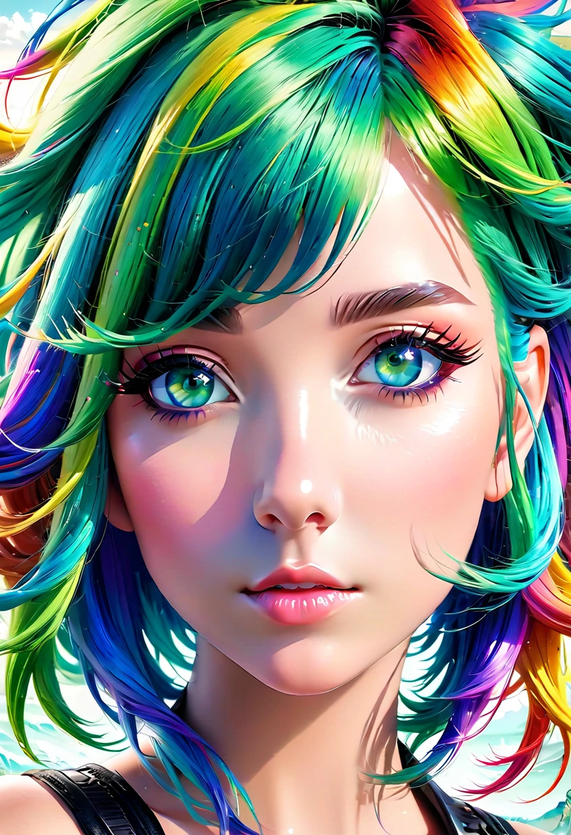 Green Hair，((Blue Eyes)),Multi-coloured hair， Surrealism, 8K, Super detailed, High resolution