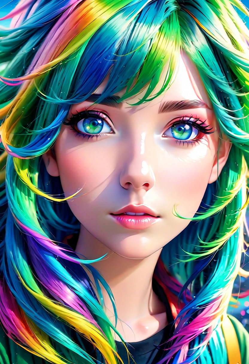 Green Hair，((Blue Eyes)),Multi-coloured hair， Surrealism, 8K, Super detailed, High resolution