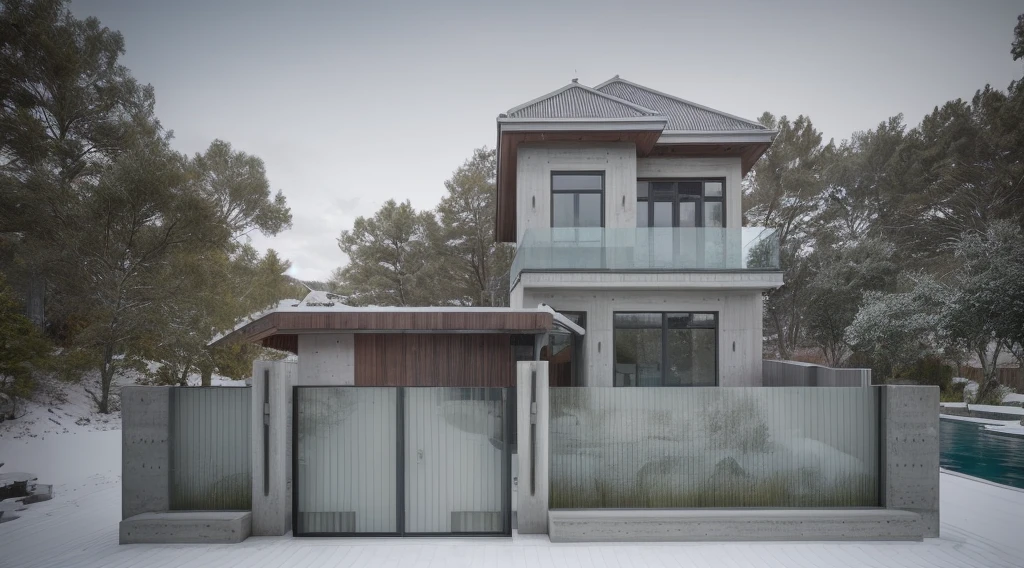 exterior of house, modern style, concrete wall, glass door, glass window, beatifull landscape, pool, snowy, realistic, highquality, masterpiece