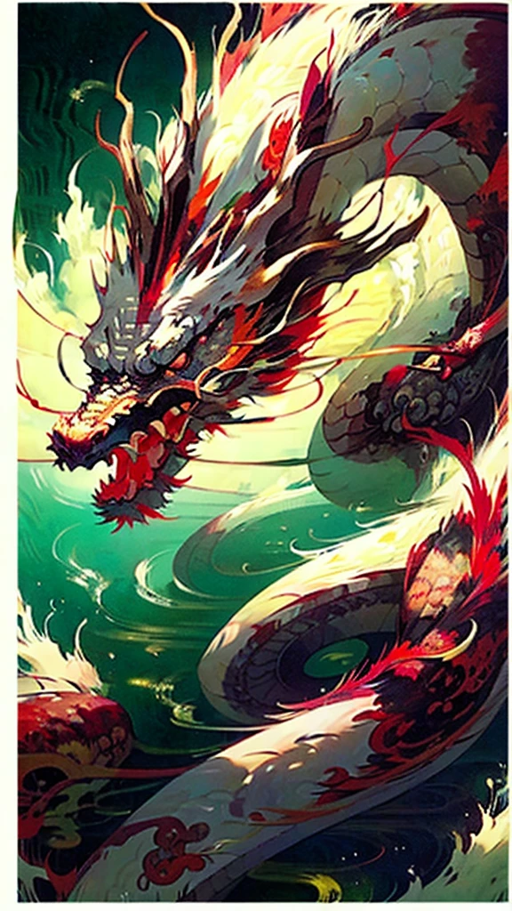 red dragon in the waves art print, in the style of kōji morimoto, neo-traditional japanese, john blanche, murals and wall drawings, tyler walpole, intense close-ups, absurdist --ar 71:128 --stylize 750 --v 5.2