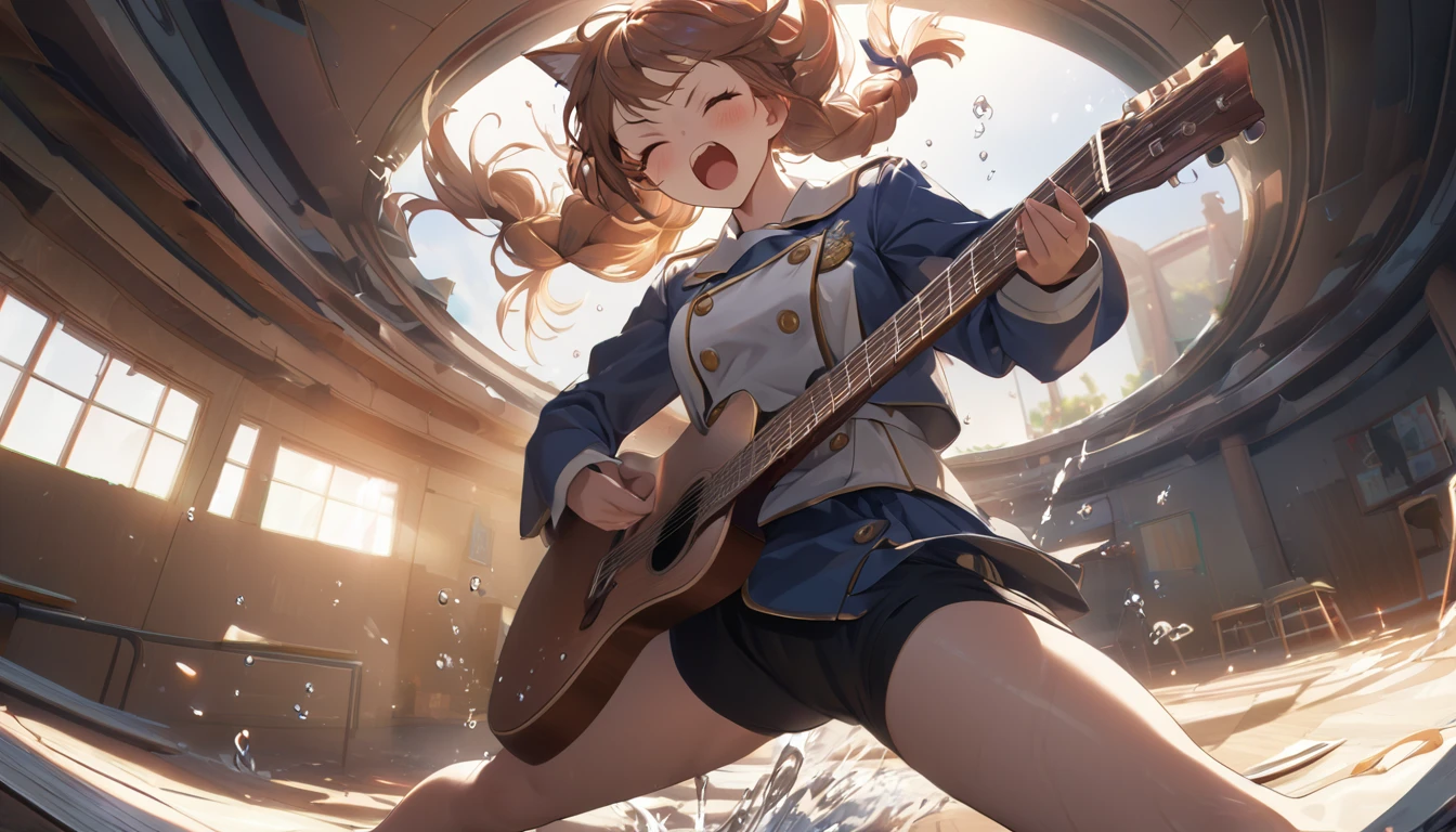 1womanl\(playing guitar on brooms,high school student,intense movements,(Dynamic Action:1.3),long braided hair,hair-color: blackw,high heels,hair floating,hair dancing strong,splashing suor,shining sun,seaman uniform,moccasins,cups,performance de guitarra,shouting out loud,eyes closed tightly\), fund\(behind the school building,the public are cats\),(dynamic angle), break ,品質\(8K,extremely detailed CG unit wallpaper, Masterpiece artwork,high resolution,top-品質,top-品質 real texture skin,hyperrealisti,Increase resolution,RAW Photos,melhor 品質,highy detailed,The wallpaper,cinematic lighting,ray tracing,golden ratio\)