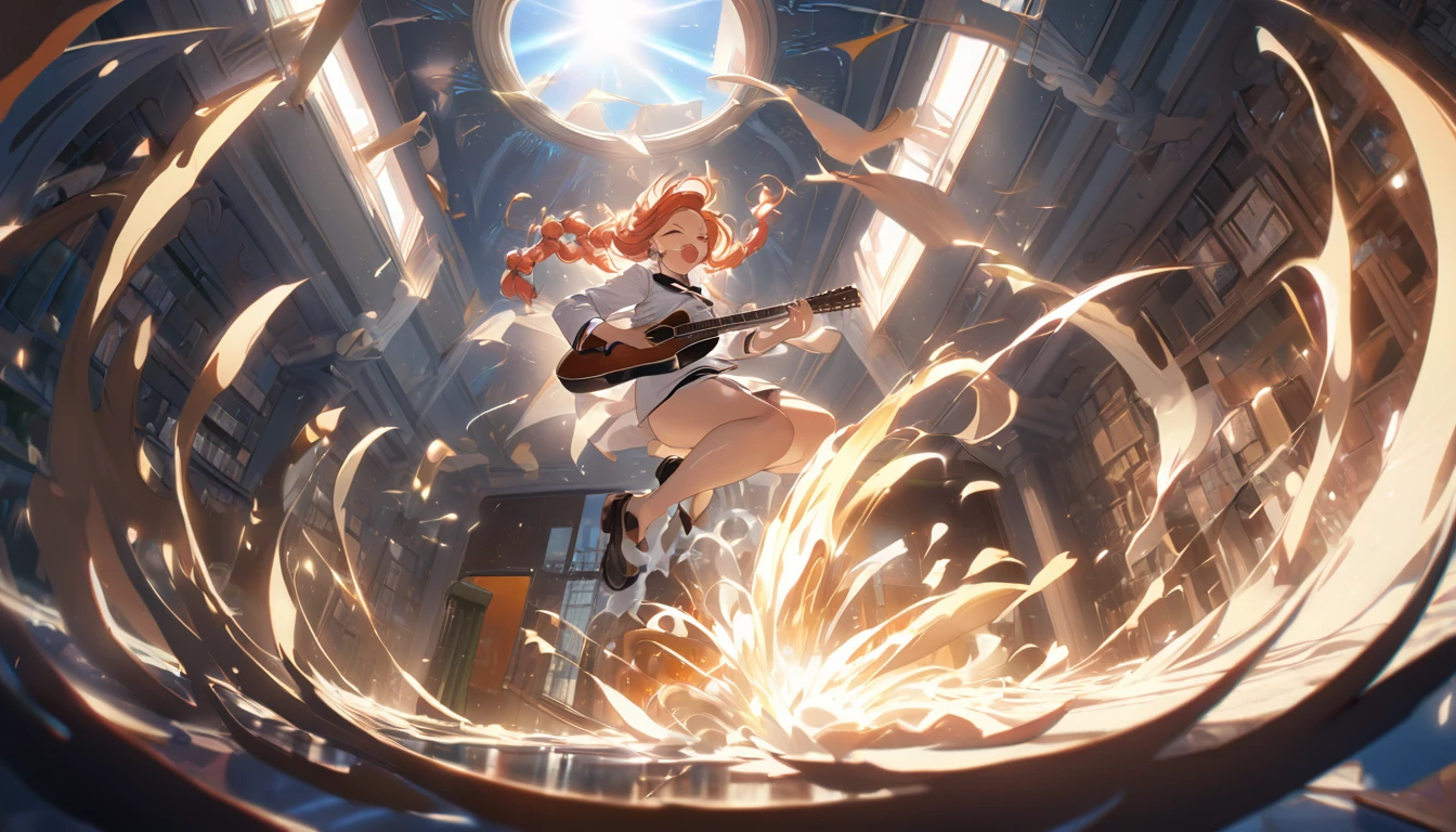 1womanl\(playing guitar on brooms,high school student,intense movements,(Dynamic Action:1.3),long braided hair,hair-color: blackw,high heels,hair floating,hair dancing strong,splashing suor,shining sun,seaman uniform,moccasins,cups,performance de guitarra,shouting out loud,eyes closed tightly\), fund\(behind the school building,the public are cats\),(dynamic angle), break ,品質\(8K,extremely detailed CG unit wallpaper, Masterpiece artwork,high resolution,top-品質,top-品質 real texture skin,hyperrealisti,Increase resolution,RAW Photos,melhor 品質,highy detailed,The wallpaper,cinematic lighting,ray tracing,golden ratio\)